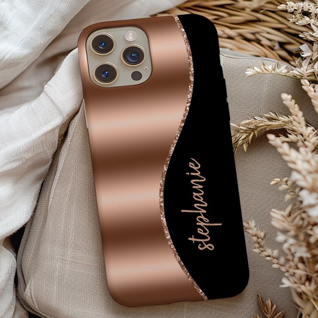 Glam Rose Gold Signature Faux Foil Wave Black Case-Mate iPhone Case (Creator Uploaded)