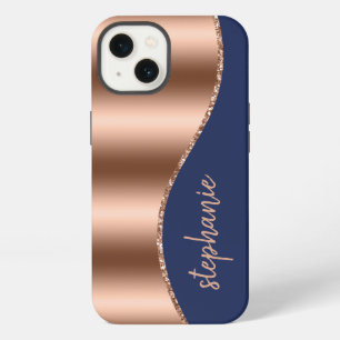 Glam Rose Gold Signature Faux Foil Wave Navy Blue iPhone 13 Case
