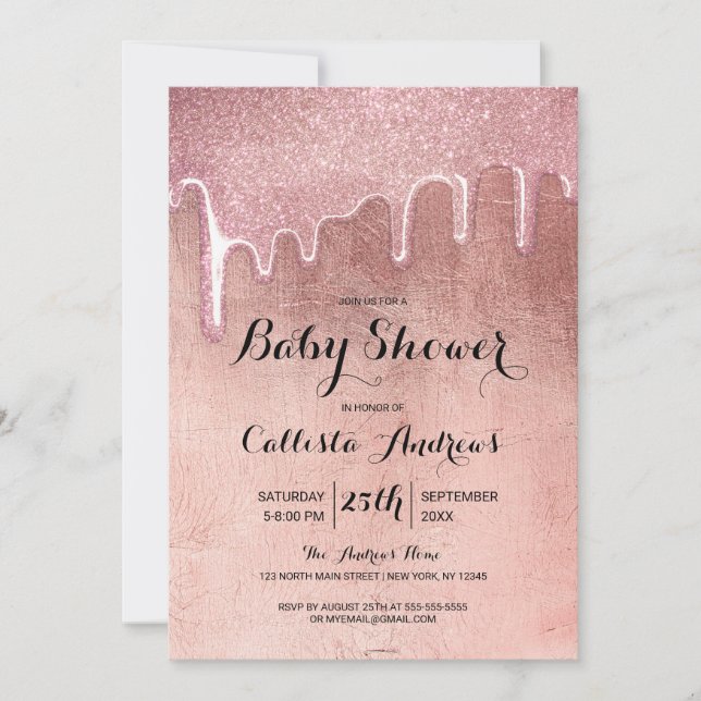 Glam Rose Gold Thick Glitter Drips Baby Shower Invitation (Front)