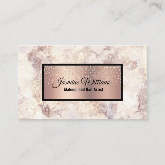 Glam Rose Gold Veined Marble and Gold Foil Glitter Business Card (Front)