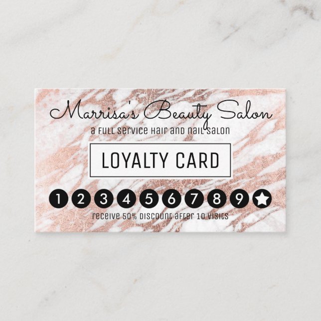 Glam Rose Gold White Marble Loyalty Discount Punch Card (Front)