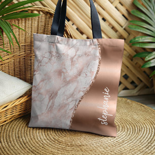 Glam Rose Gold White Marble Metallic Name Tote Bag