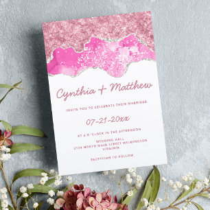 Glam rose gold white pink silver glitter wedding invitation
