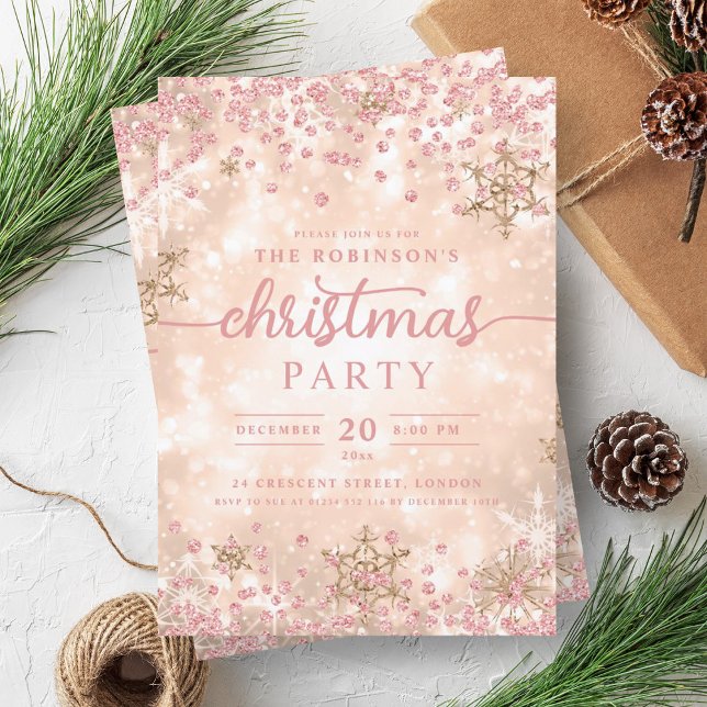 Glam Rose Gold Winter Snow Diamonds Christmas  Invitation (Glam Rose Gold Winter Snow Diamonds Christmas Invitation)