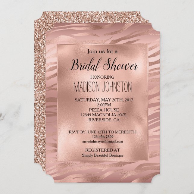 Glam Rose Gold Zebra Glitter Invitation (Front/Back)