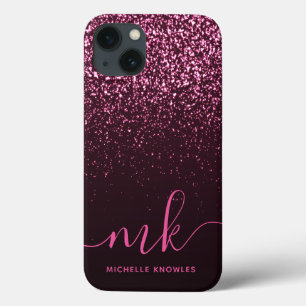 Glam Rose Pink Glitter Modern Script Monogram Name iPhone 13 Case