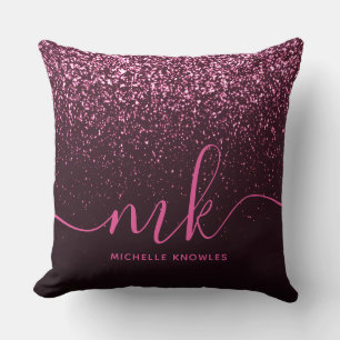 Glam Rose Pink Glitter Modern Script Monogram Name Cushion