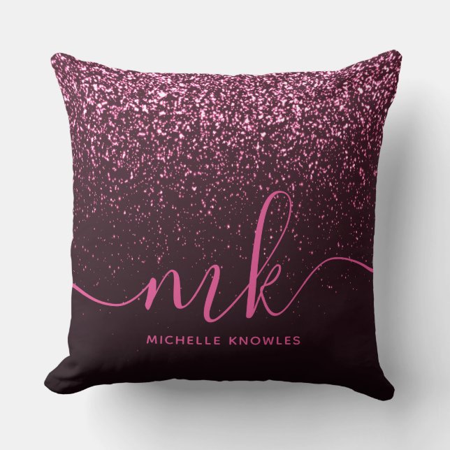 Glam Rose Pink Glitter Modern Script Monogram Name Cushion (Front)