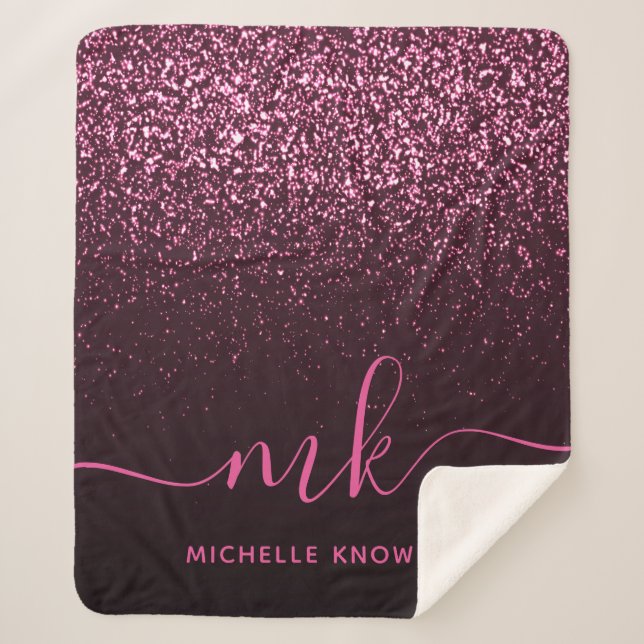 Glam Rose Pink Glitter Modern Script Monogram Name Sherpa Blanket (Front)
