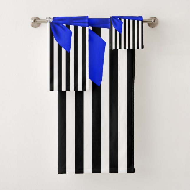 Glam Royal Blue Bow-Pinstripes-Black Bath Towel Set (Insitu)