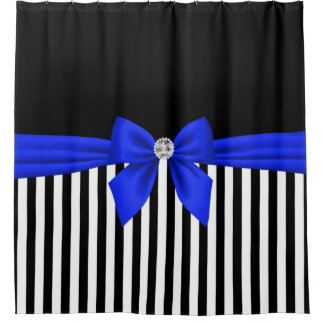 Glam Royal Blue Bow-Pinstripes-Black Shower Curtain