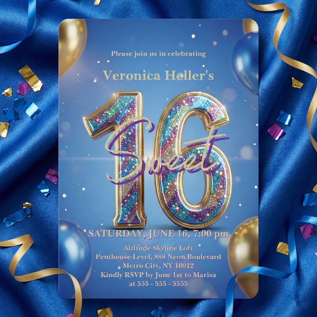 Glam Royal Blue Gold Balloons Sweet 16 Birthday Invitation (Creator Uploaded)
