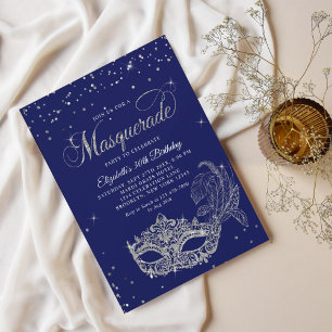 Glam Royal Blue Silver Glitter Masquerade Birthday Invitation