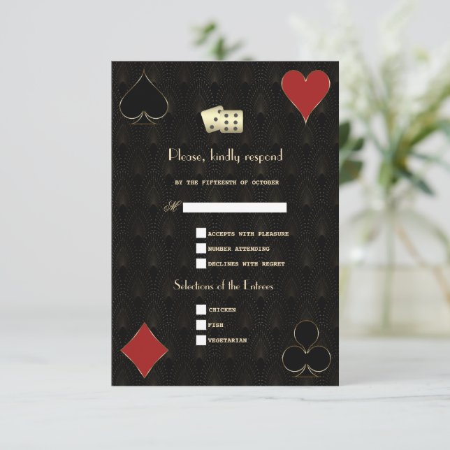 Glam Royal Gold Black Art Deco 20s Wedding RSVP Card (Standing Front)