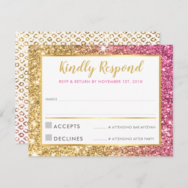 GLAM RSVP RESPONSE cool luxe pink gold glitter Invitation (Front/Back)