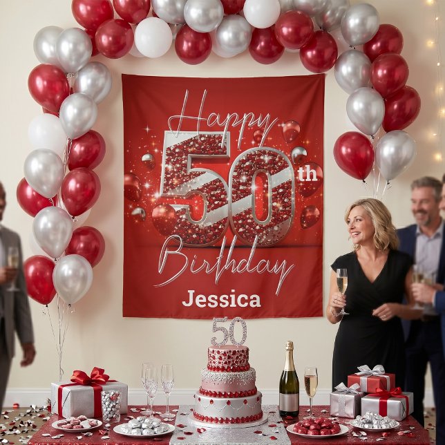 Glam Ruby Red and Silver Sparkle 50th Birthday Tapestry (Creator Uploaded)