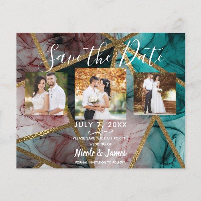 Glam Rust Blush Teal & Gold Chic Modern Save Date (Front)