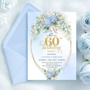 Glam Rustic Soft Blue Flowers Gold 60th Birthday Invitation