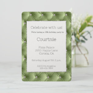 Glam Sage Green Silver Faux Velvet Birthday Invitation