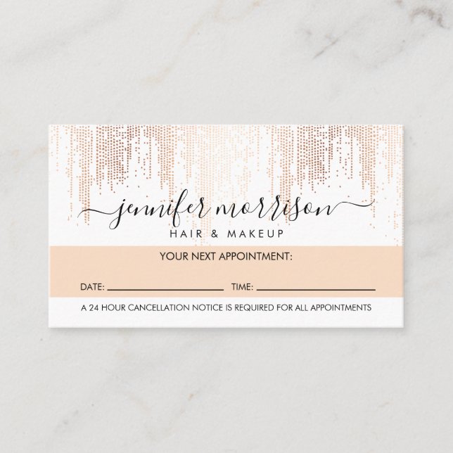 Glam Script Rose Gold Confetti Rain Appointment Loyalty Card (Front)