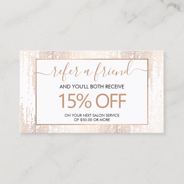 Glam Script Rose Gold Confetti Rain Referral  Business Card (Front)