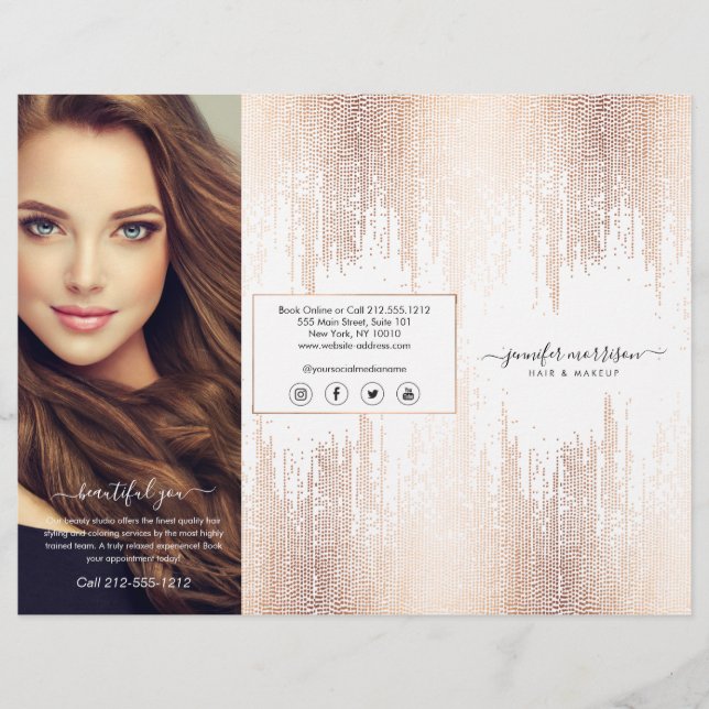 Glam Script Rose Gold Confetti Rain Tri-Fold  Flyer (Front)