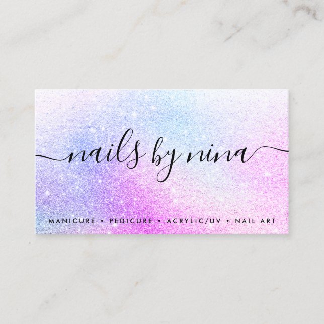 Glam script signature holographic pink glitter business card (Front)