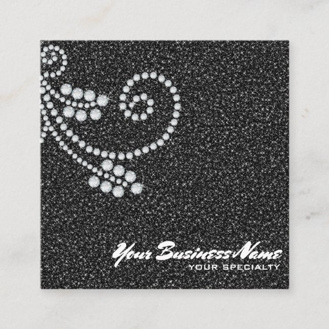 ~ Glam Scroll Diamonds Black Glitter Bling Luxe  Square Business Card (Front)
