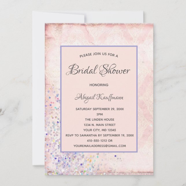 Glam Shabby Chic Pink White Purple Sparkles Bridal Invitation (Front)