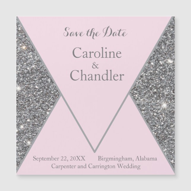 Glam Silver and Pink Glitter Wedding Save the Date (Front)