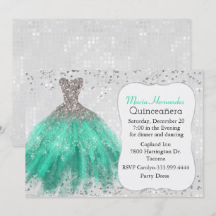 Glam Silver and Teal Gown Quinceañera Invitation