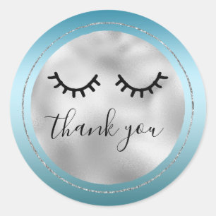 Glam Silver Aqua Black Eyelashes Thank you Classic Round Sticker