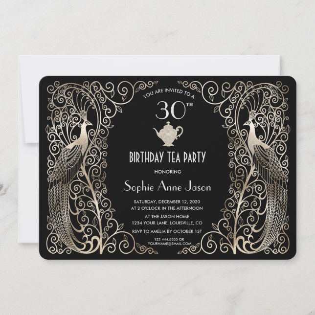Glam Silver Art Deco Peacocks Birthday Tea Party Invitation (Front)