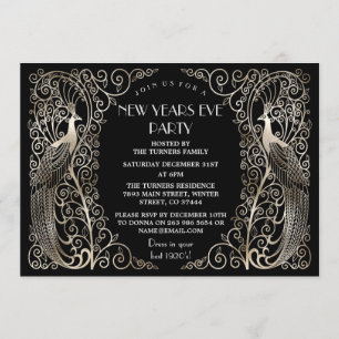 Glam Silver Art Deco Peacocks New Year's Eve Invitation