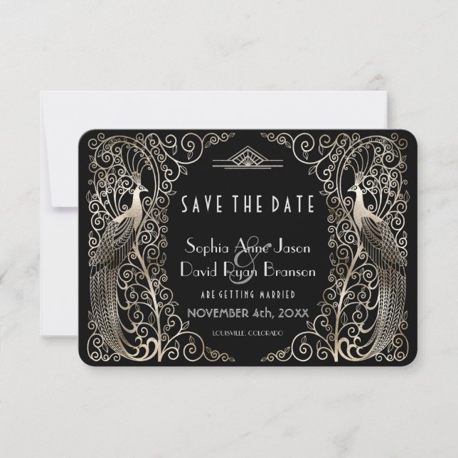 Glam Silver Art Deco Peacocks Save The Date (Front)