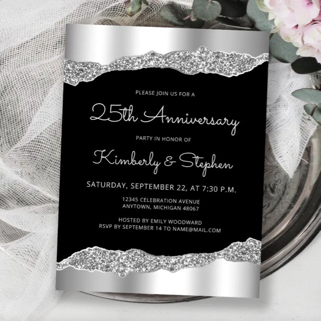 Glam Silver Black 25th Anniversary Invitation Postcard (Creator Uploaded)