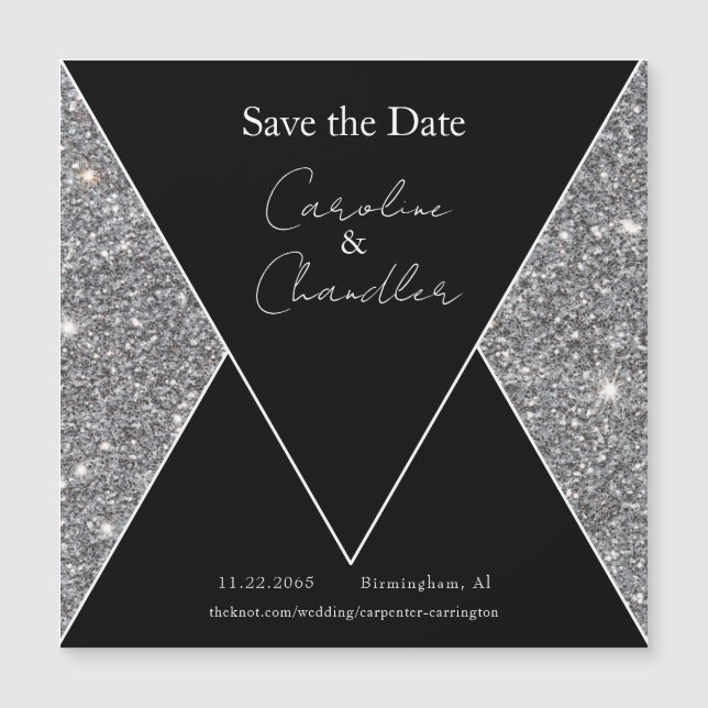 Glam Silver & Black Wedding Save the Date Magnetic (Front)