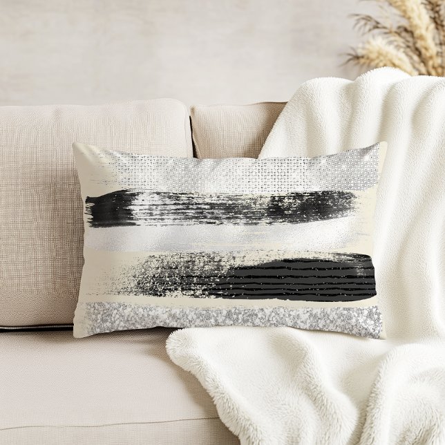Glam Silver Black White Brushstrokes Ecru Decorative Cushion (Creator Uploaded)