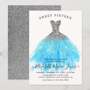 Glam Silver Blue Sparkle Dress Sweet 16th Birthday Invitation