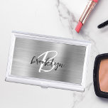 Glam Silver Brushed Metal Black White Monogram Business Card Holder<br><div class="desc">This trendy modern business card case features a monogram and first name in black and white script on a stylish silver faux brushed metal background.</div>