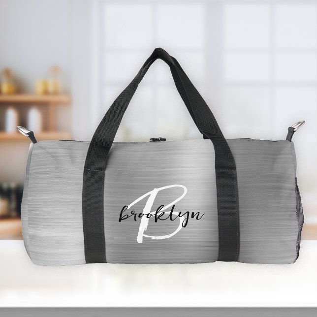 Glam Silver Brushed Metal Black White Monogram  Duffle Bag (Creator Uploaded)