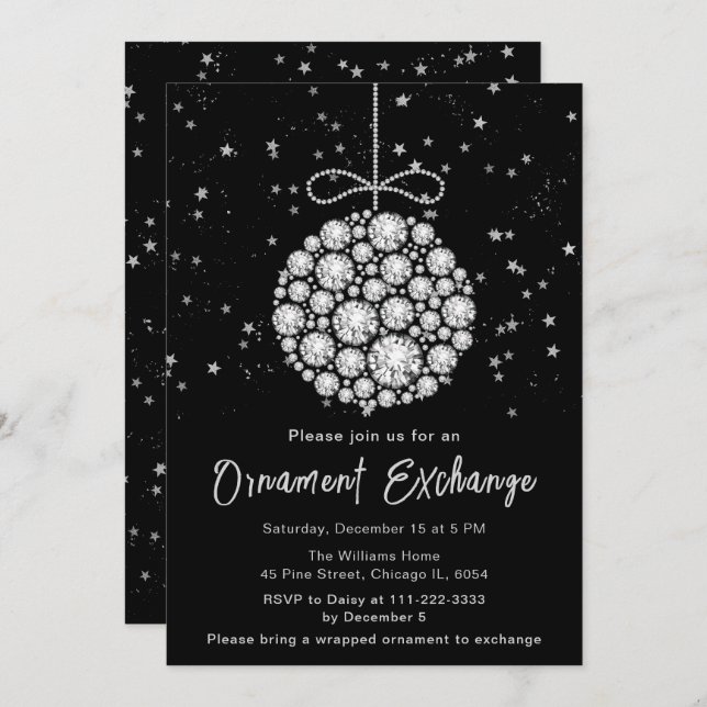 Glam Silver Christmas Ornament Exchange Invitation (Front/Back)