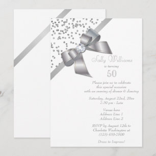 Glam Silver Confetti & Jewel Bow 50th Birthday Invitation