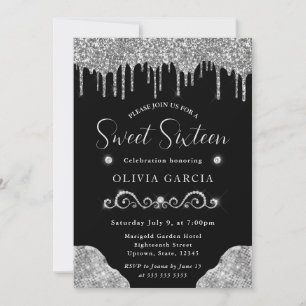 Glam Silver Dripping Glitter Sweet 16 Invitation