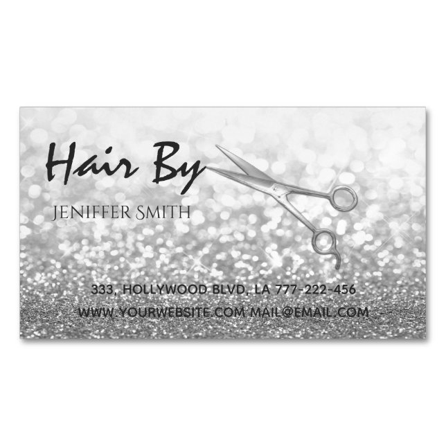 Glam silver elegant modern bokeh scissors 	Magnetic business card (Front)