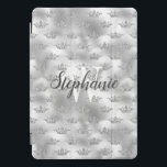 Glam Silver Foil Glitter Crown Pattern Monogram iPad Pro Cover<br><div class="desc">Add a touch of glamour with this chic design,  featuring a faux glitter crown pattern on a faux silver foil background. Personalise it with your initial in white serif font and your name in modern charcoal grey calligraphy script.</div>