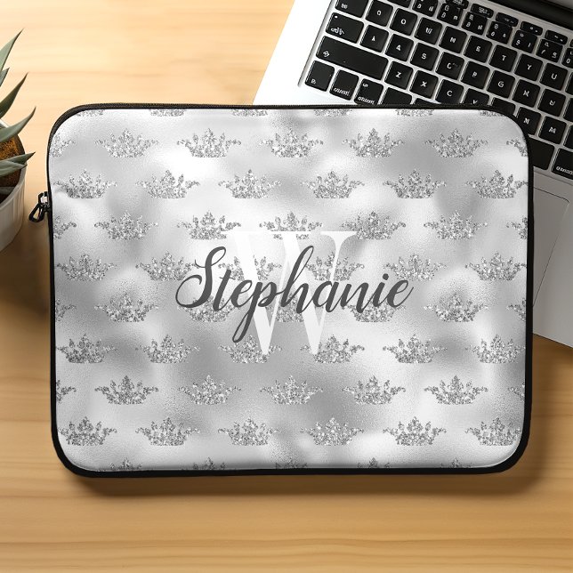 Glam Silver Foil Glitter Crown Pattern Monogram Laptop Sleeve (Creator Uploaded)