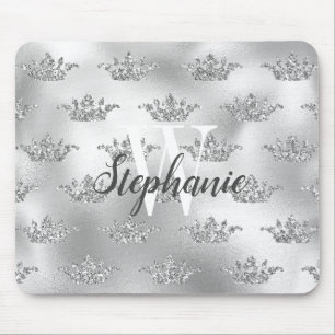 Glam Silver Foil Glitter Crown Pattern Monogram Mouse Pad