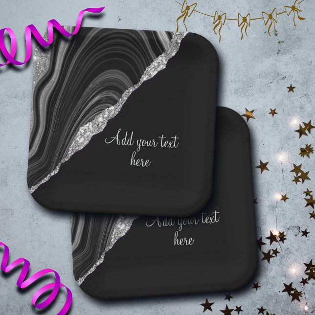 Glam Silver Glitter Black Festive Paper Plate (Creator Uploaded)