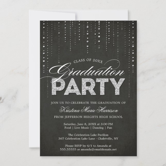 Glam Silver Glitter Bling Graduation Party Invitation (Front)